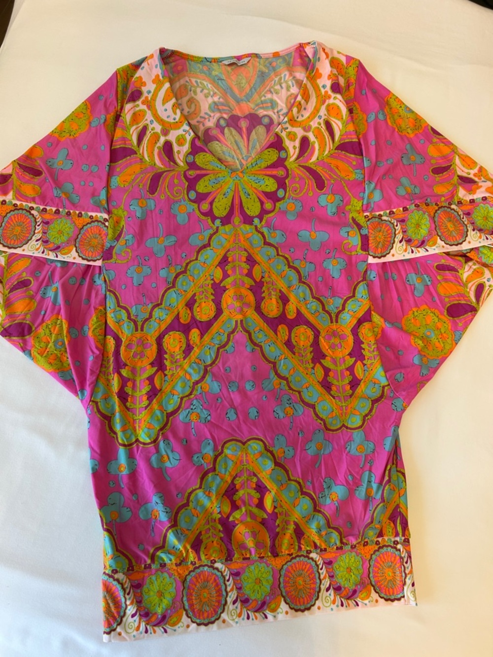 Trina Turk  Multicolor Paisley Floral V-Neck Tunic Beach Cover Up Beach Dress S